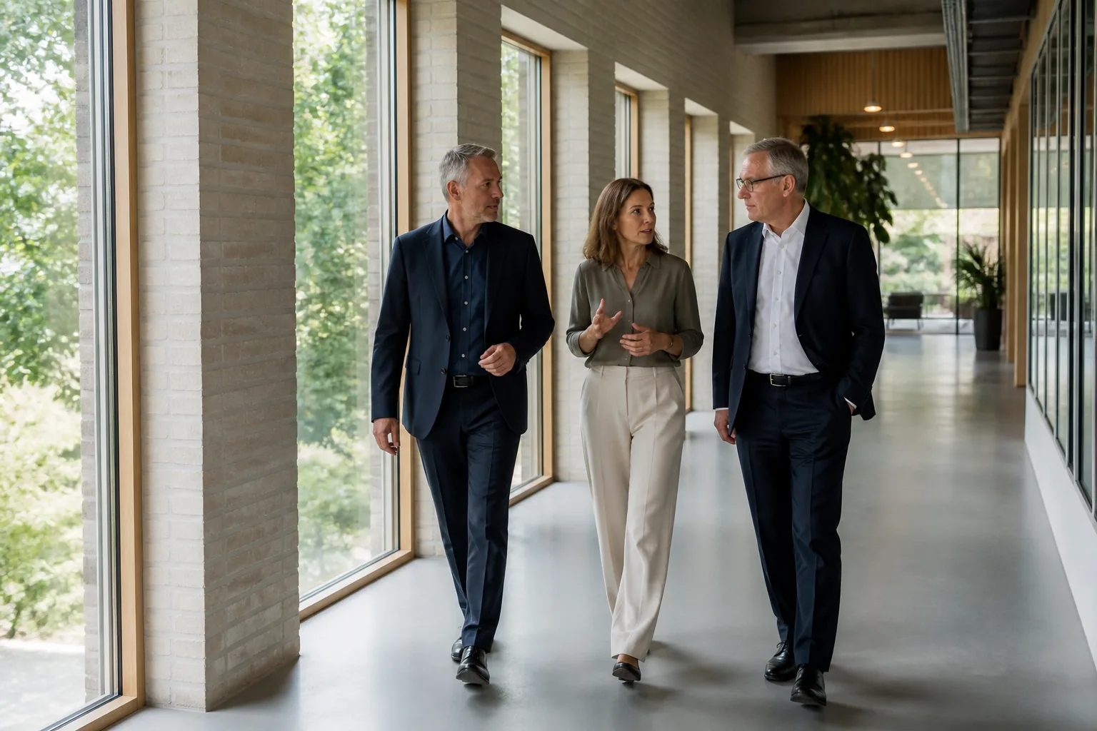 Tre ledere i faglig dialog på vej gennem et kontor